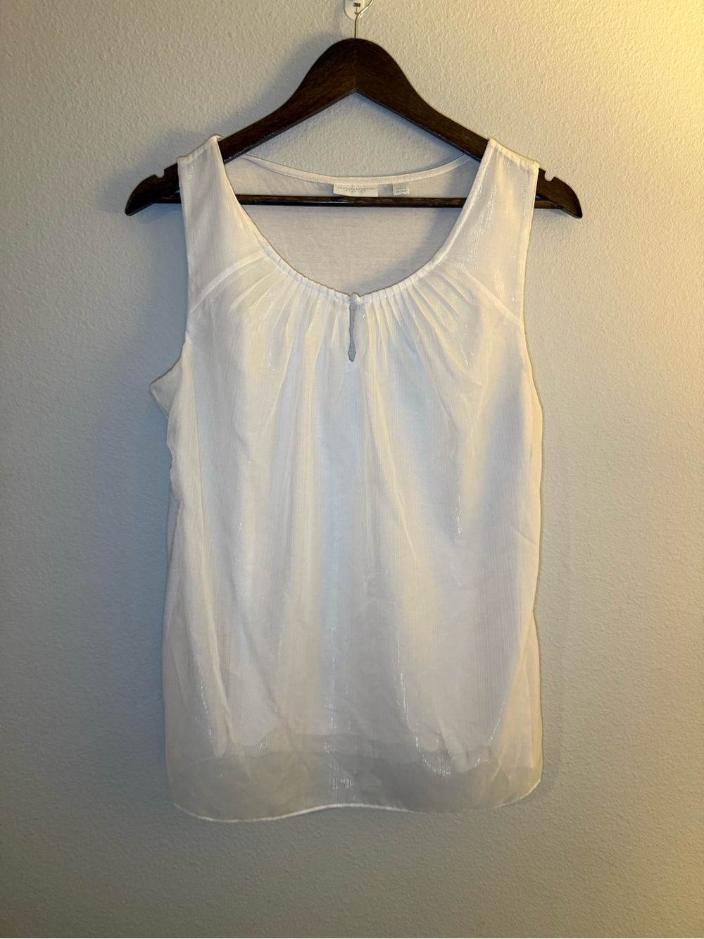 New York & Company White Sleeveless Blouse with Gathered Neck